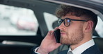 Phone call, discussion and business man in car for travel, conversation or schedule meeting with client. City, contact and lawyer in vehicle for talking, transportation or morning commute to office