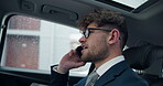 Phone call, travel and business man in car for talking, conversation or schedule meeting with client. City, contact and lawyer in vehicle for discussion, transportation or morning commute to office