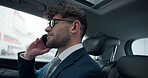 Phone call, talking and business man in taxi for travel, conversation or schedule meeting with client. City, contact and lawyer in car for discussion, transportation or morning commute to office