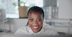 Computer, typing and black woman with smile, reading and copywriting with creativity, office and online. Digital, person and writer with keyboard, research and proofreading of email for company