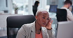 Tired, business and black woman in office for reading, copywriting or project deadline. Bored, professional and female employee with computer for editing report, fatigue or burnout at new agency 