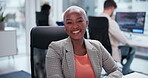 Business, face and black woman in office for happiness, consultant work or admin. Smile, professional and portrait of employee with confidence for career growth, job opportunity or startup company