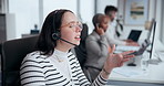 Call center, talking and woman with headset in office for customer service, online advice or telemarketing. CRM, contact us and consultant in discussion for communication, assistance or tech support