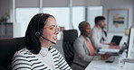 Callcenter, discussion and woman with headset in office for customer service, online advice or telemarketing. CRM, contact us and consultant with help for communication, assistance or tech support