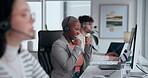 Call center, celebration and black woman with headset at desk for service, customer subscription or telemarketing. CRM, computer and happy consultant for goal, sales target or achievement in office