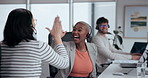 Call center, high five and colleagues with headset at desk for winner, customer subscription or telemarketing. CRM, computer and woman consultant for goal, sales target or achievement in office