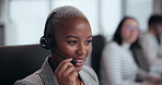 Call center, support and black woman with headset in office for customer service, online advice or telemarketing. CRM, contact us and agent in discussion for communication, assistance or consulting