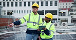 People, electrician and solar panel with pointing in rooftop with tablet for green energy or electricity. Employees, technician and engineer with installation for maintenance or sustainable project