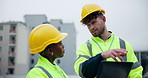 Business people, technician and discussion with laptop on rooftop construction or industrial project in city. Contractor or civil engineer talking to colleague on computer for building maintenance