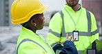 Business people, technician and meeting with laptop on rooftop for construction or industrial project in city. Contractor or civil engineer talking to colleague on computer for building maintenance