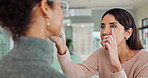 Woman, optometry and eye test for glasses with medical professional, consultation or optometrist. Female person, spectacles and specialist in clinic or ophthalmology center for size, frame and lens