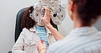 Child, optometry and chair for optometrist assessment, healthcare and eyesight appointment with phoropter. Optical specialist and medical service for vision, consultation and examination for wellness