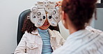 Child, optometry and chair for optometrist examination, healthcare and eyesight appointment with phoropter. Optical specialist and medical service for vision, consultation and assessment for wellness