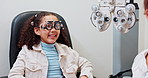 Girl, optometry and chair for optometrist assessment, healthcare and eyesight appointment to check lenses. Optical specialist and medical service for vision, consultation and examination for wellness