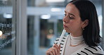 Glass wall, thinking and businesswoman in office at night for company revenue strategy planning. Ideas, research and female financial manager brainstorming for profit, equity or investment increase.