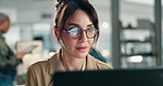 Woman, reading and laptop in night at office with ideas, planning and research for project with deadline. Person, writer or editor with computer for overtime with notification at creative agency