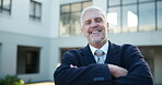 Mature man, confidence and advocate in portrait for career success, knowledge and pride in city. Male judge, smile and arms crossed at court building for trial, professional and happiness in Canada