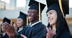 Happy woman, applause and graduation with students at ceremony in education, qualification or milestone at campus. Group of people, graduate or class clapping with smile, congratulations or thank you