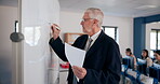 Mature man, professor and students in whiteboard for information technology lesson in high school. People, teacher and writing notes in classroom for education, teaching and learning with knowledge