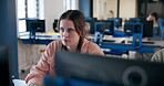 Computer, learning and girl student in classroom for education, lecture or lesson at college. Scholarship, study and university with learner or pupil in school class for online assessment and report