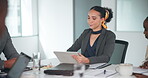 Discussion, meeting and group in boardroom, tablet and presentation of new ideas for relaunch of business. Online, listening and people in office, media buyer and conversation for public relations