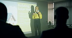 Presentation, woman or projection on wall for innovation, solar power or building project in workshop. Female speaker, display or talking with mic for seminar, renewable energy or climate awareness