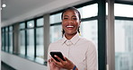 Black woman, happy portrait and phone for communication with network, texting and positive feedback. African female employee, face smile and mobile for news, virtual discussion and chat app in office