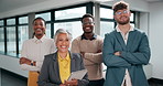 Crossed arms, smile and face of business people in office with pride for startup real estate company. Happy, property listing and portrait of realtor group with confidence for team mortgage listing.