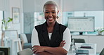 Smile, crossed arms and face of black woman in office with startup company for growth with vision. Happy, finance and portrait of African female financial analyst with confidence for job promotion.