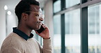 Black man, phone call and stress in office for business, crisis and unfair dismissal. Disappointed, male intern and mobile at window for conversation, argument and anxiety or frustrated in city