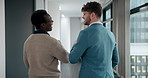 Back, handshake and business people celebrating in office together for team meeting. Collaboration, men and project proposal for research, discussion or conversation in workplace hallway during break