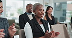 Business people, applause and diversity in office for presentation, celebration and success with laughing. Corporate team, clapping and praise for achievement, conference and funny joke in workplace
