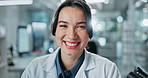 Woman, scientist and smile on face in laboratory with pride for career at pharmaceutical company. Person, portrait and excited for innovation, research and development for medicine, drugs or vaccine