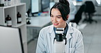 Science, woman and microscope with computer in laboratory for medical research or experiment results. Pathology study, happy professional and analysis of scientific discovery, disease cure or testing