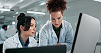Science, teamwork and women on computer in lab for medical study, online research or website. Healthcare, biotechnology and scientists for collaboration for vaccine development, experiment and report