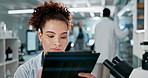 Woman, science and tablet by microscope in laboratory with writing at pharmaceutical company. Person, touchscreen with notes on application, research and development for medicine, drugs or vaccine