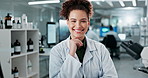 Science, lab and face of woman on computer for medical study, online research and website. Healthcare, biotechnology and portrait of scientist for vaccine development, experiment or microscope report