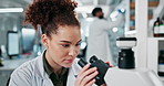Science, research and woman with microscope in lab for innovation, experiment or data analysis. Medical, working and female person with tablet for pharmaceutical, vaccine development or microbiology