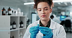 Scientist, woman or label test tube with blood in laboratory for healthcare, pathology or dna testing. Biotechnology, expert or fluid sample with computer for medical research or result in phlebotomy