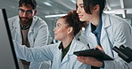 Science, laboratory and people on tablet and computer for research, medical breakthrough and study results. Healthcare, pharmaceutical and scientists on tech for discovery, experiment and teamwork