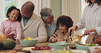 Big family, lunch and grandparents with kids and cooking in home with thanksgiving and holiday food. Dining room, reunion and conversation with meal, dish and brunch with happy grandmother at buffet