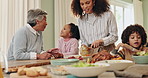 Big family, dinner and grandparents with kids and parents in home with thanksgiving and holiday food. Dining room, reunion and conversation with meal, dish and brunch with happy grandmother at buffet