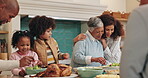 Family, thanksgiving and food with turkey, hug and table setting for reunion, celebration and holiday. Social gathering, people and happy for gratitude and brunch with gourmet meal, event and feast