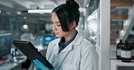 Science, laboratory and woman on tablet for medical study, online research and website. Healthcare, biotechnology and scientist on digital tech for vaccine development, experiment and medicine report