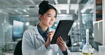 Woman, science and tablet with reading in laboratory with smile for info at pharmaceutical company. Person, touchscreen and notes with app, research and development for medicine, drugs and vaccine