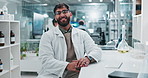 Science, laboratory and face of man on computer for medical analysis, research and medicine. Healthcare, pharmaceutical and portrait of scientist on tech for sample, experiment or vaccine development