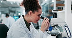 Woman, scientist and microscope with research in lab with study at pharmaceutical company. Person, thinking and analysis with equipment, lens and development with medicine, drugs or vaccine for virus