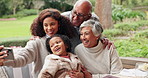 Generations, family and garden with selfie for lunch on visit for social media, profile picture and fun. People, mom and son with grandparent at home outside for bonding, support and care with smile