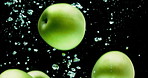 Green apples, water and hydration with natural fruit for vitamin c, fresh produce or wash on a black background. Closeup of organic food, juicy or sweet nutrition with splash in healthy diet or fiber