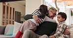 Family, dad and children on sofa for hug, excited and affection in home. Father, kids and embrace in living room for love, trust and appreciation for adoption with relationship development or support